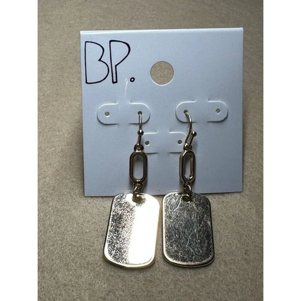 BP. Gold Tone Dog Tag Pendant Dangle Earrings Oval Link Chain NWT New Boho Gift